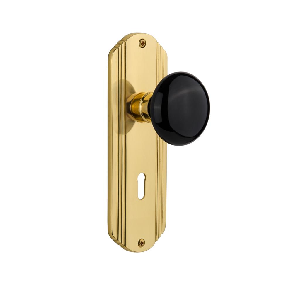 Nostalgic Warehouse DECBLK Mortise Deco Plate with Black Porcelain Knob with Keyhole in Polished Brass